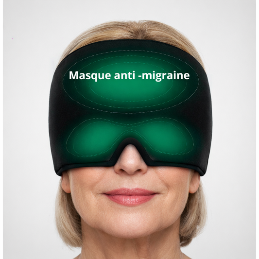 Femme portant un masque antii-migraine 