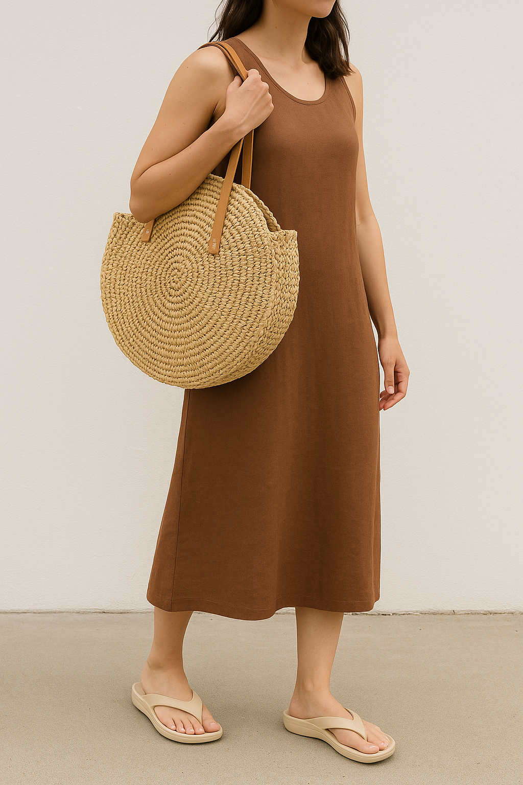 Femme portant un sac rond en paille 