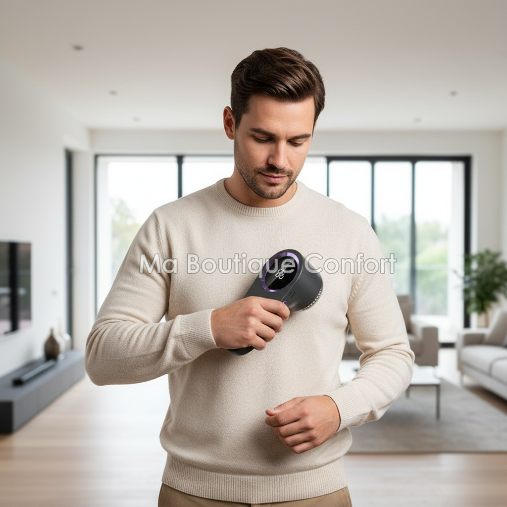 Homme utilisant la brosse anti-poils sur pull 