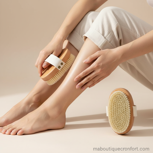 Femme effectuant un massage des jambes avec une Brosse 