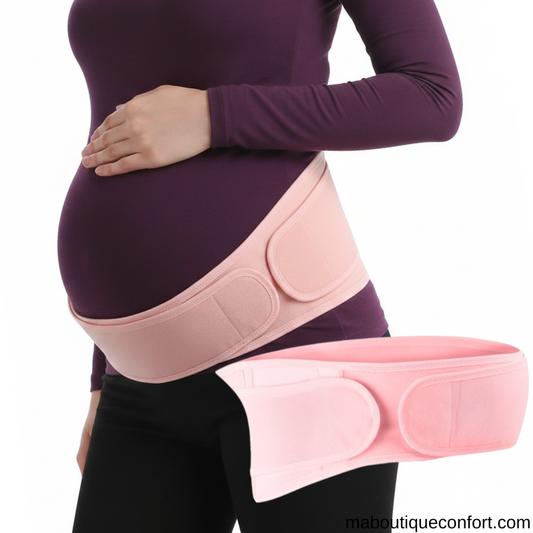 Femme portant une ceinture de grossesse rose