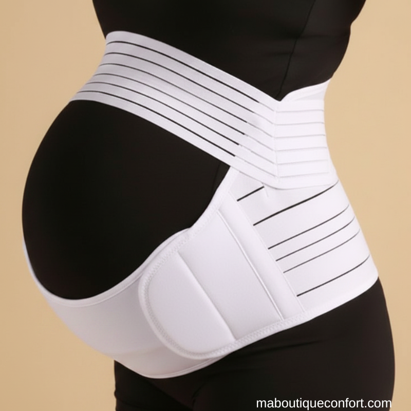 Femme portant une ceinture de maternité blanche