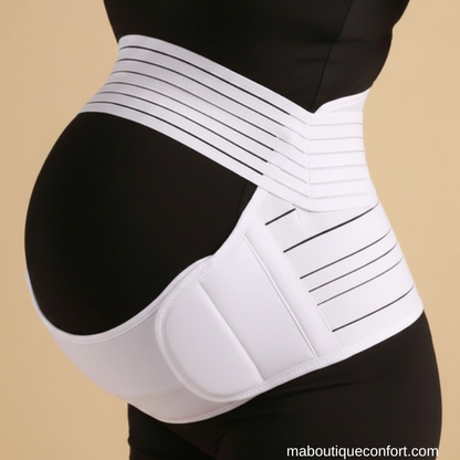 Femme portant une ceinture de maternité blanche