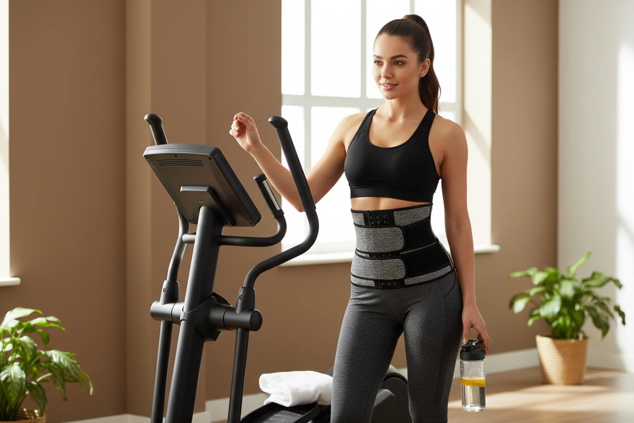  femme avec ceinture de sudation et vélo elliptique