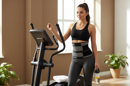  femme avec ceinture de sudation et vélo elliptique