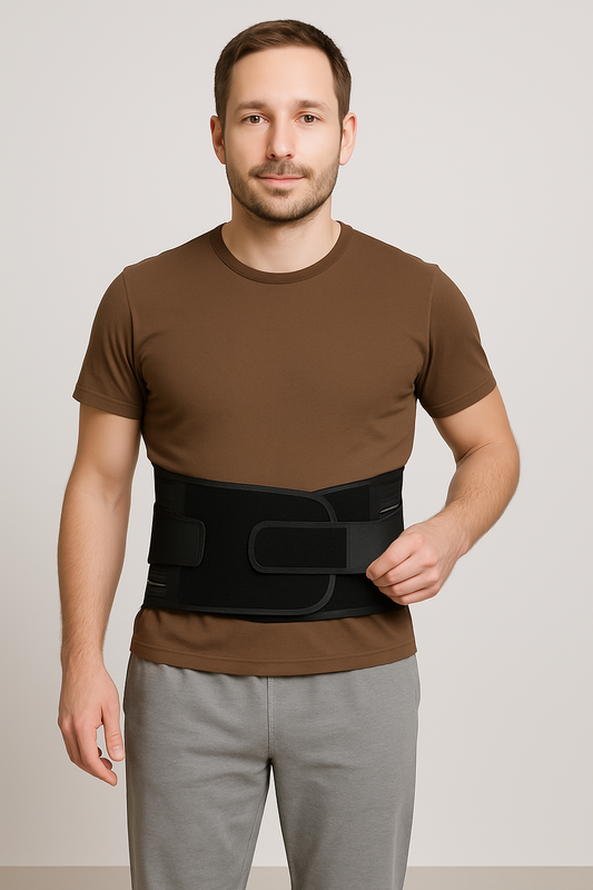 Homme portant une ceinture lombaire renforcée