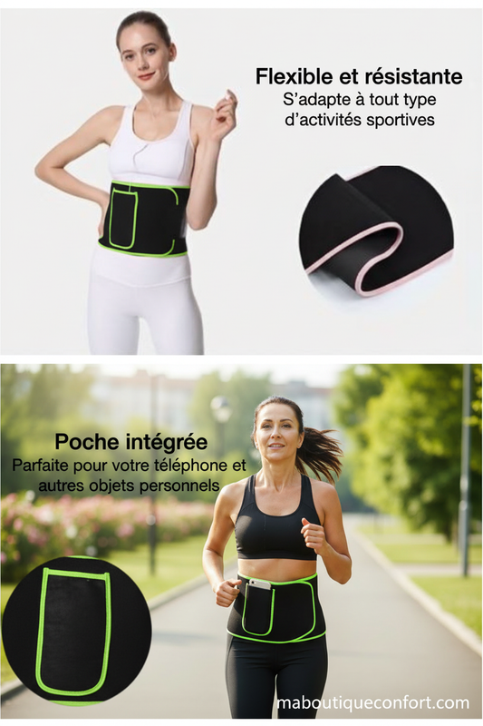 Femme portant une ceinture de sudation flexible avec poche intégrée