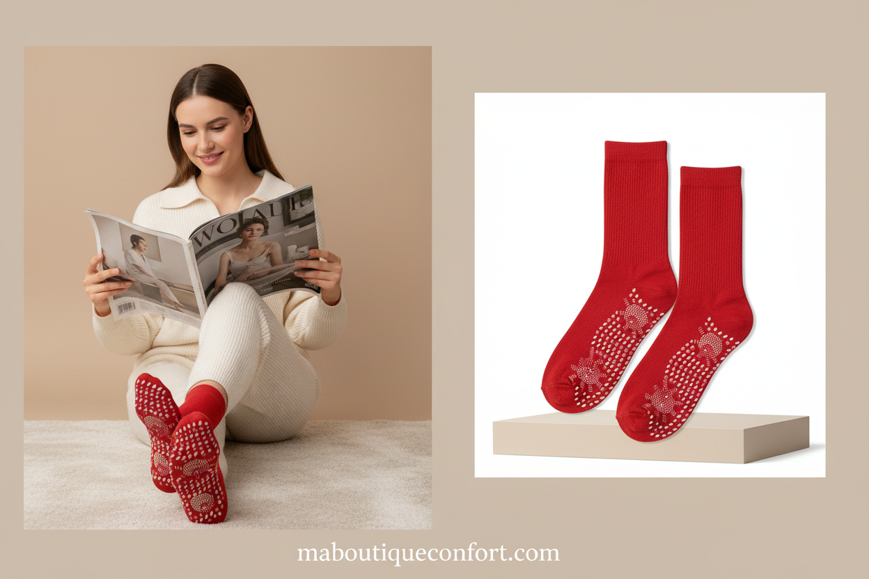 Femme portant les chaussettes chauffante et massante