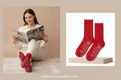 Femme portant les chaussettes chauffante et massante
