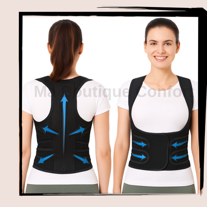 Femme portant un correcteur de posture vue de face et de  dos 