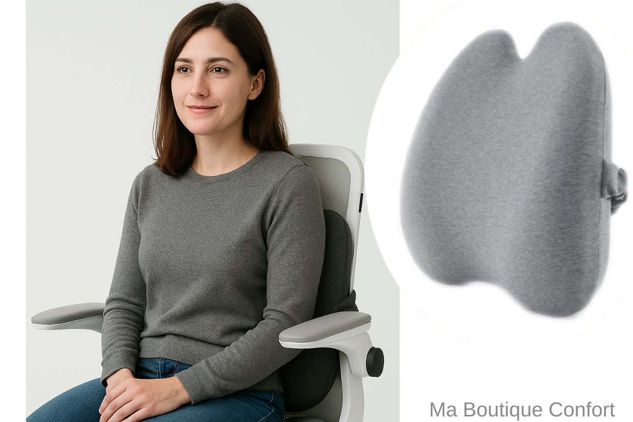 Femme utilisant un coussin dorsal en mousse à mémoire de forme 