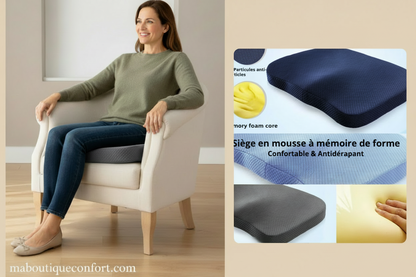 Femme  utilisant un coussin de siège à mémoire de forme 