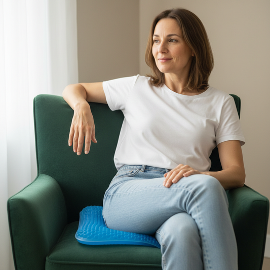 Femme assise surun  coussin confort en gel anti frottement