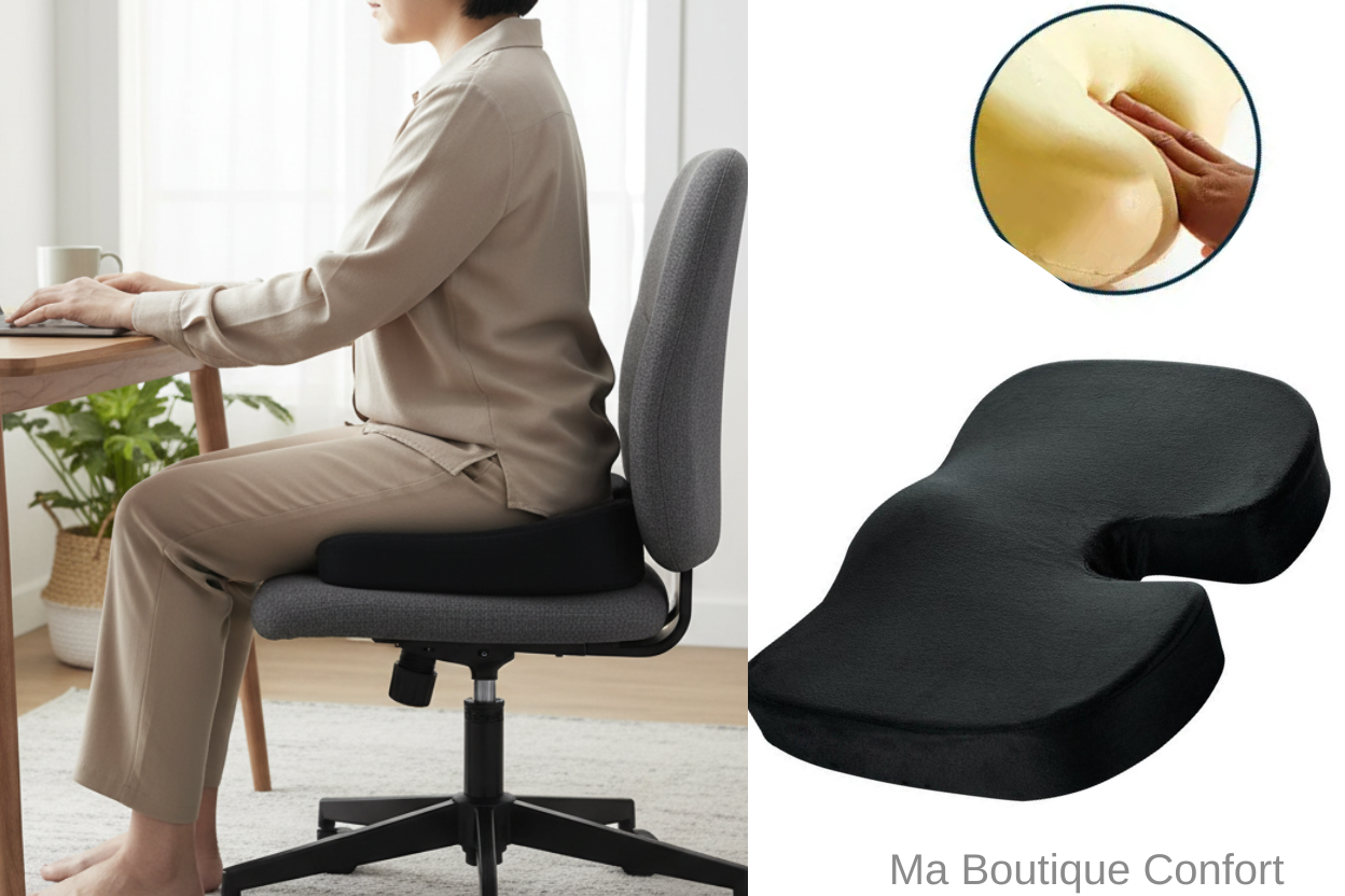 Femme assise sur un coussin de  siège en mousse à mémoire de forme 