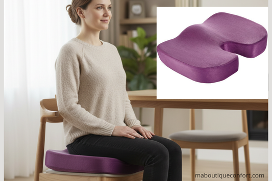 Femme assise sur le coussin siège rehausseur