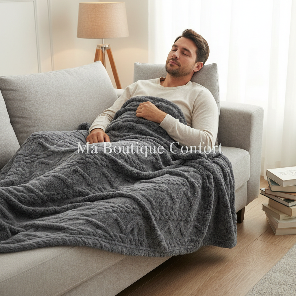 Homme allongé sur le canapé avec une couverture