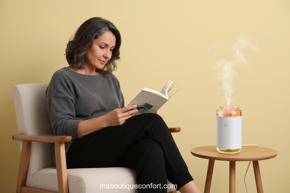 Femme lisant avec un humidificateur créant une ambiance relaxante.
