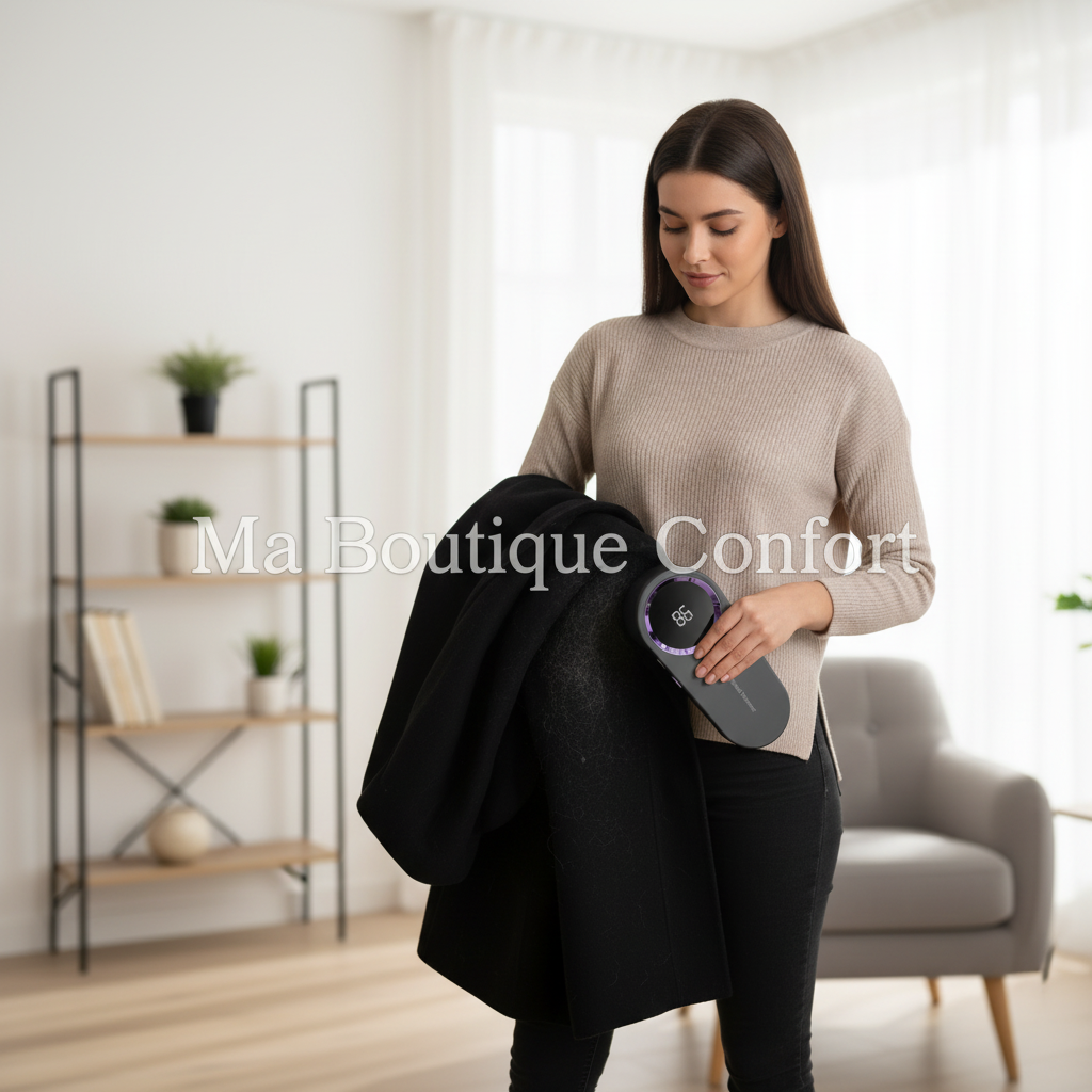 Femme brune utilisant la brosse anti-poils sur manteau noir avec filigrane