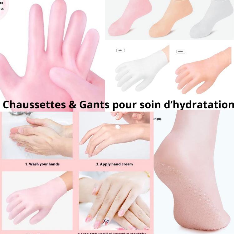 Démonstration de l’utilisation des gants et chaussettes hydratants pour améliorer l’hydratation et réduire les callosités.