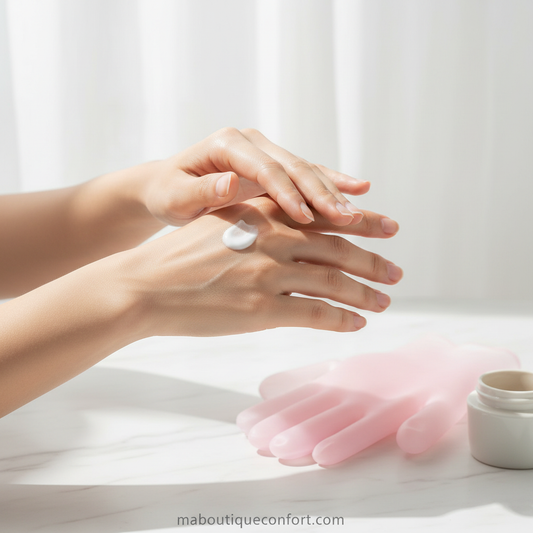 Femme appliquant une crème hydratante et portant des gants en silicone 