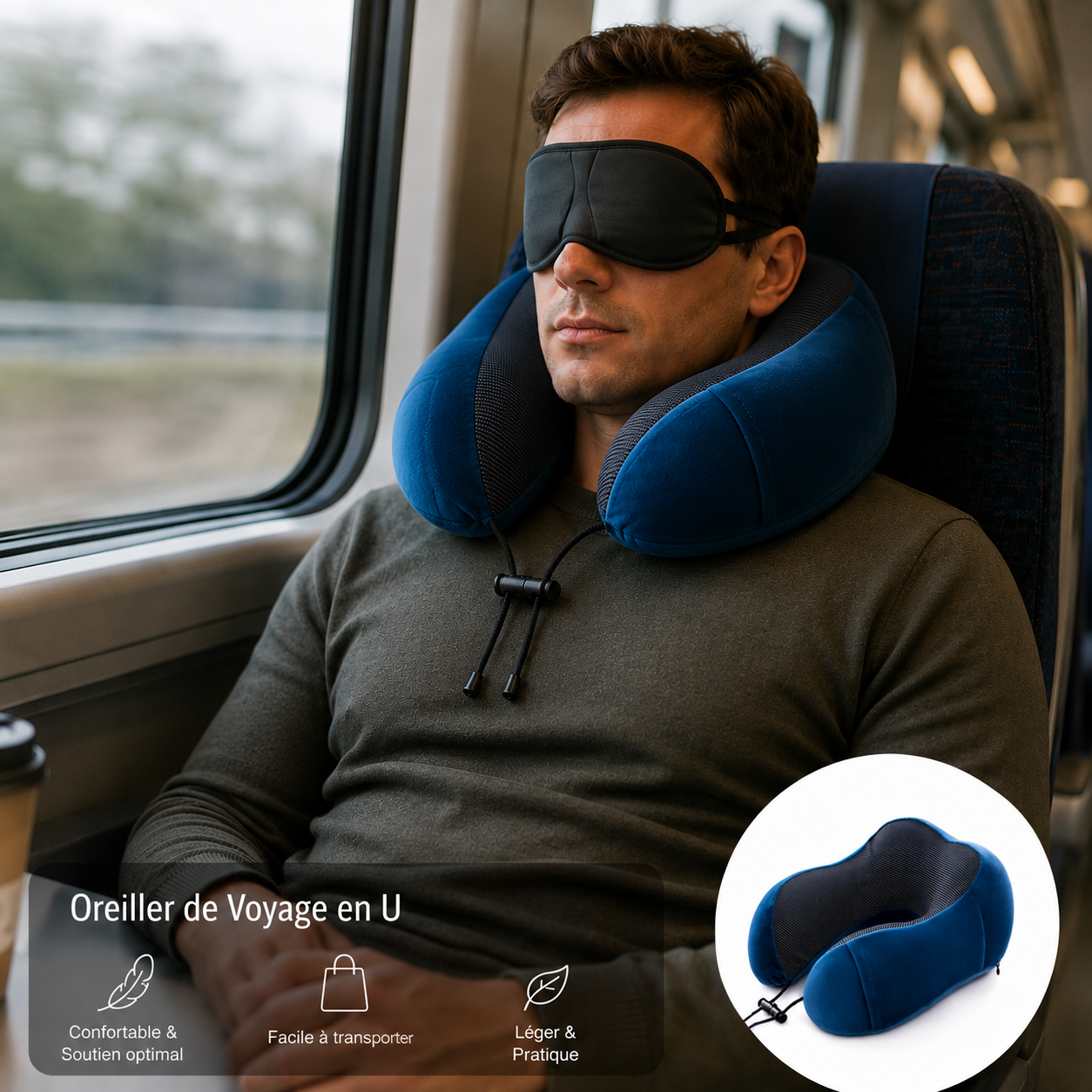 Homme portant l'oreiller et les lunettes de sommeil