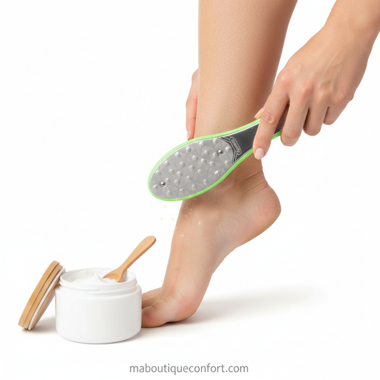 Démonstration lime sur talon avec des peaux mortes