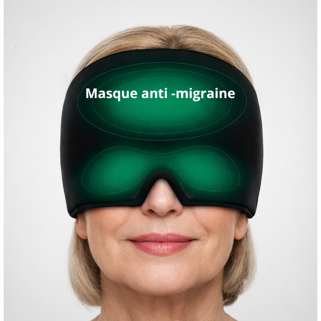 Femme portant un masque relaxant qui aide réduire les migraines