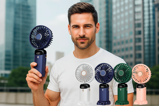 Homme effectuant un grand plan sur le mini ventilateur 