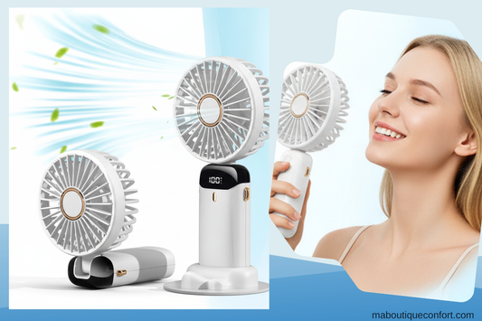 Femme utilisant un mini ventilateur blanc