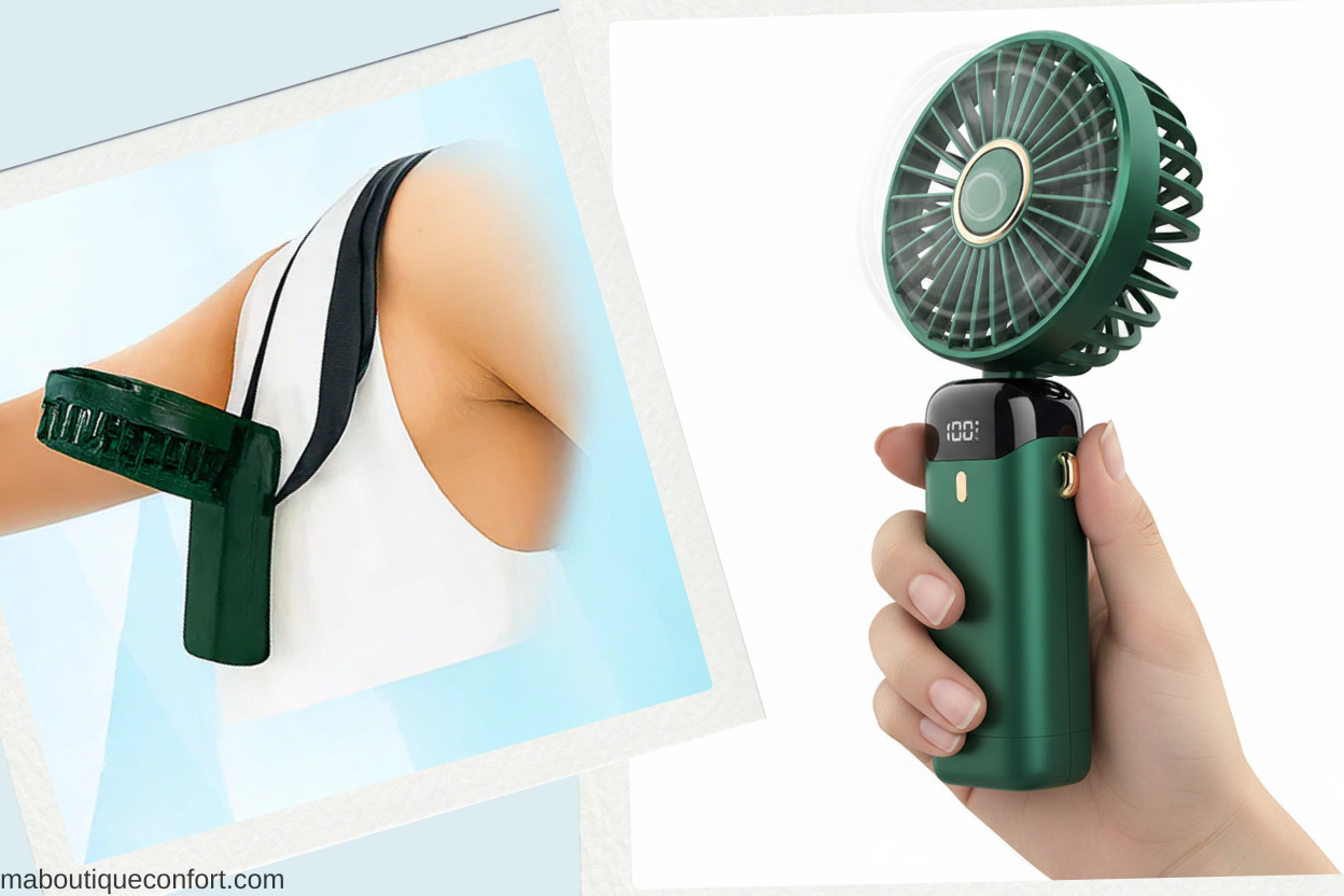 Femme portant mini ventilateur autour du cou 