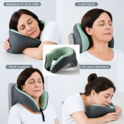 Femme utilisant un oreiller cervical multifonction