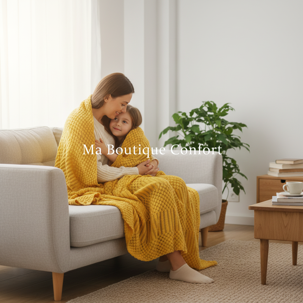 Femme tenant son enfant dans les bras, enveloppée dans un plaid.