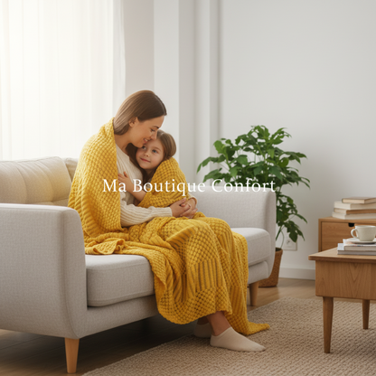 Femme tenant son enfant dans les bras, enveloppée dans un plaid.