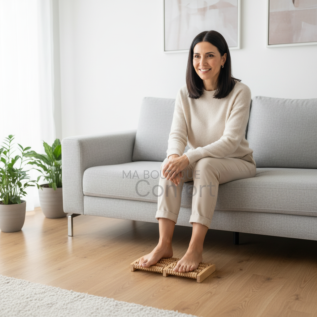 Femme utilisant un masseur plantaire en bois