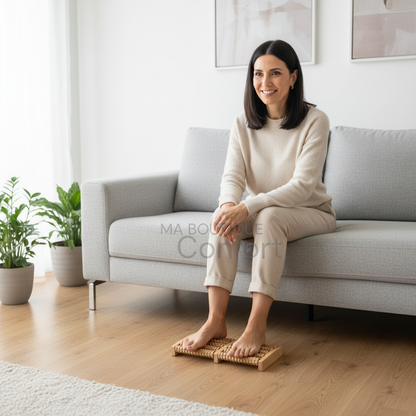 Femme utilisant un masseur plantaire en bois