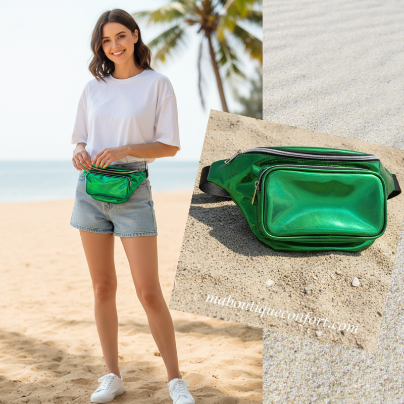 Femme portant sac banane vert 