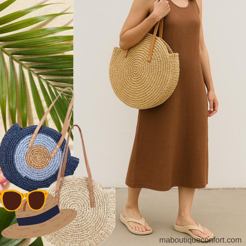 Femme portant un grand sac en paille