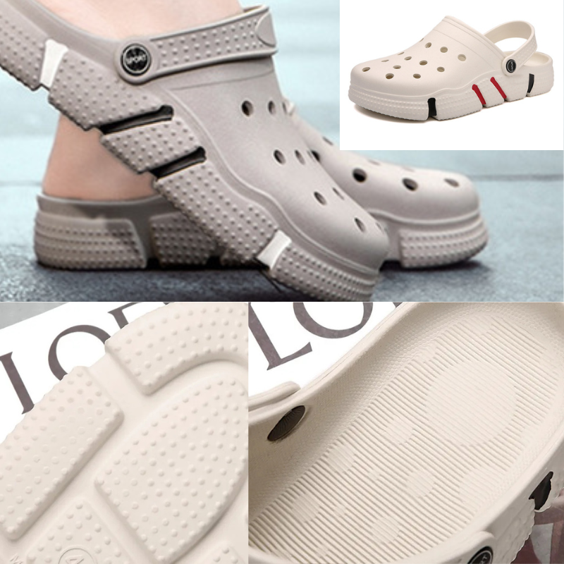 Femme portant des crocs confortables et solides 