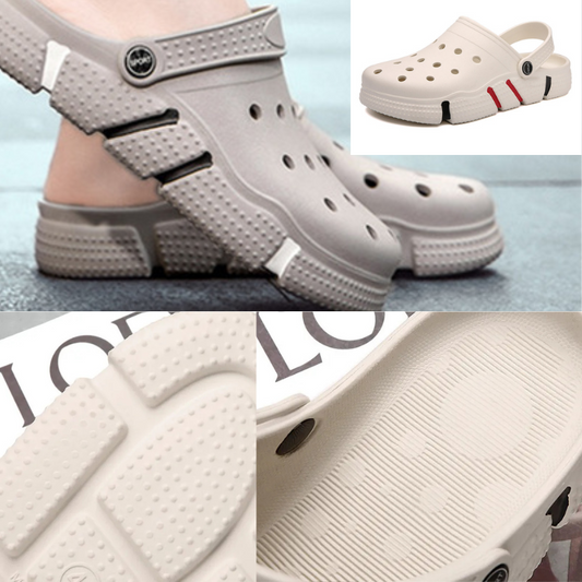 Femme portant des crocs confortables et solides 