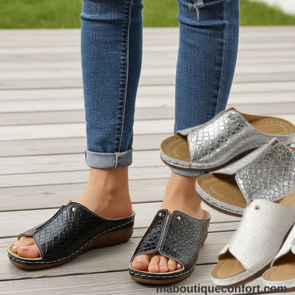 Mules Compensées Femme à Motif Croco