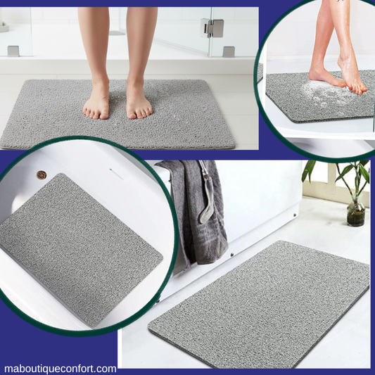 femme posant les pieds sur le tapis après la douche