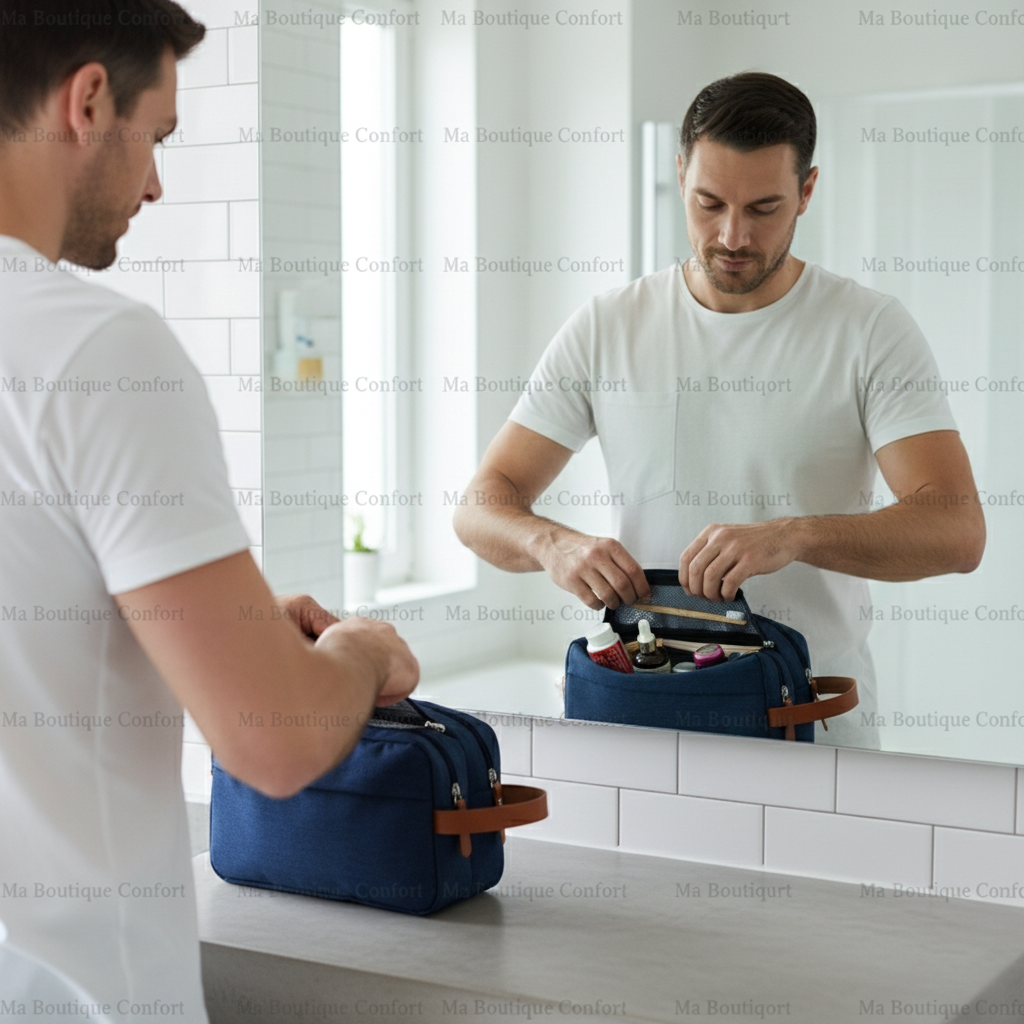 Homme utilisant la trousse de toilette 