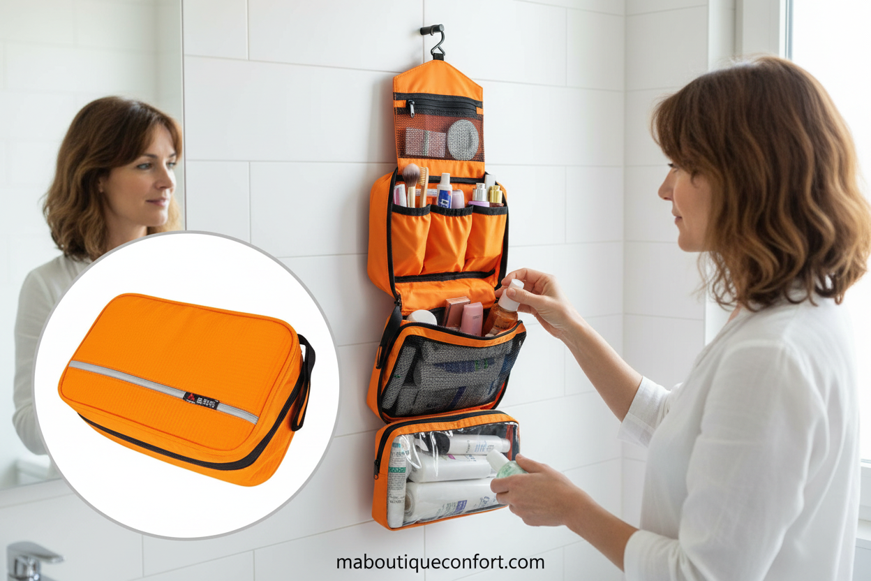 Femme organise sa trousse de toilette grâce à ses compartiments pratiques.